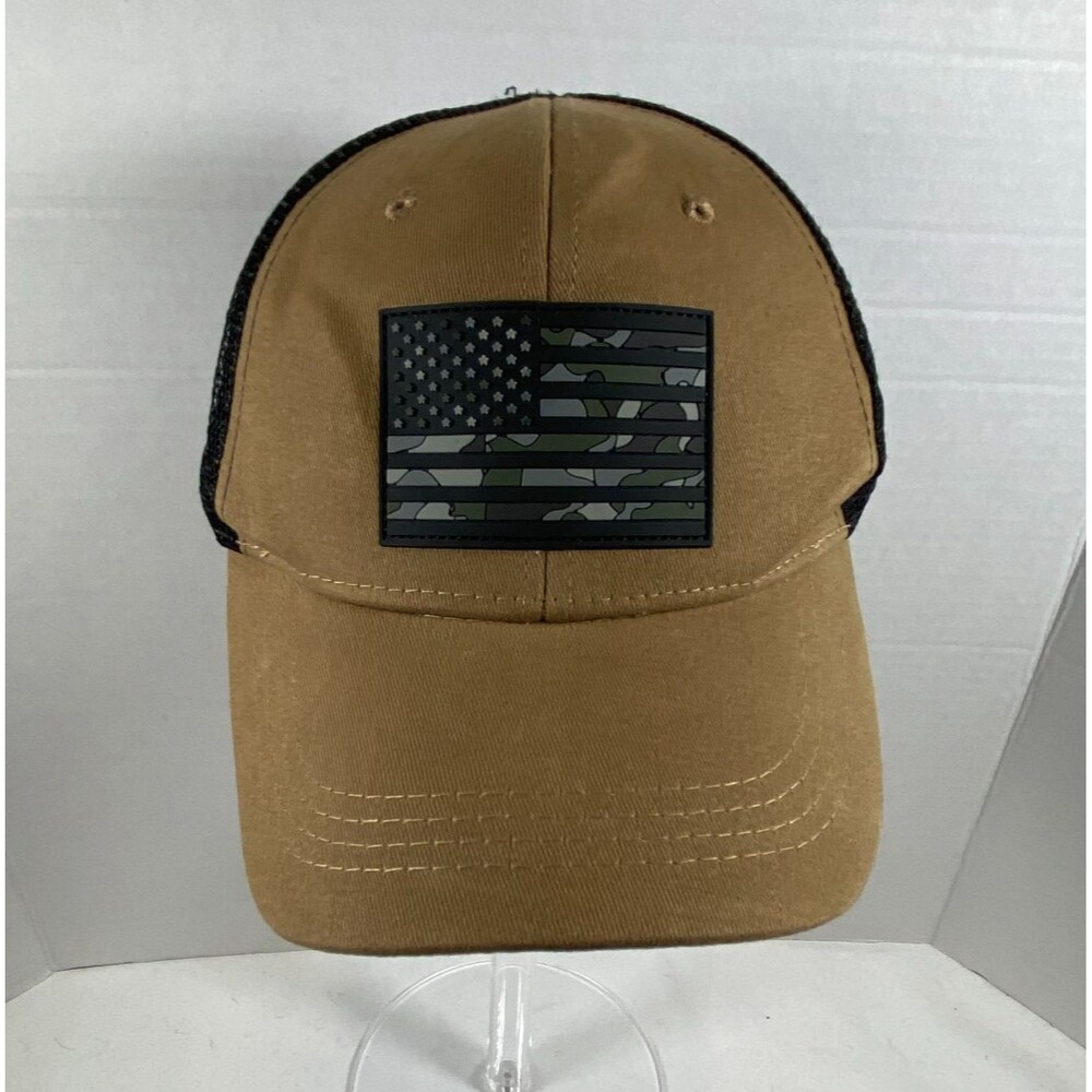Highland Tactical Trucker Hat Coyote Tan Black Mesh Rubber US Flag Snapback Cap